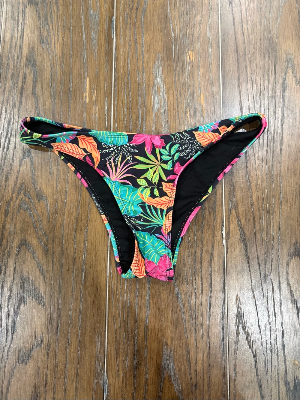 Tropical Floral Bikini Bottoms - Black Base with Bright Leaf Print